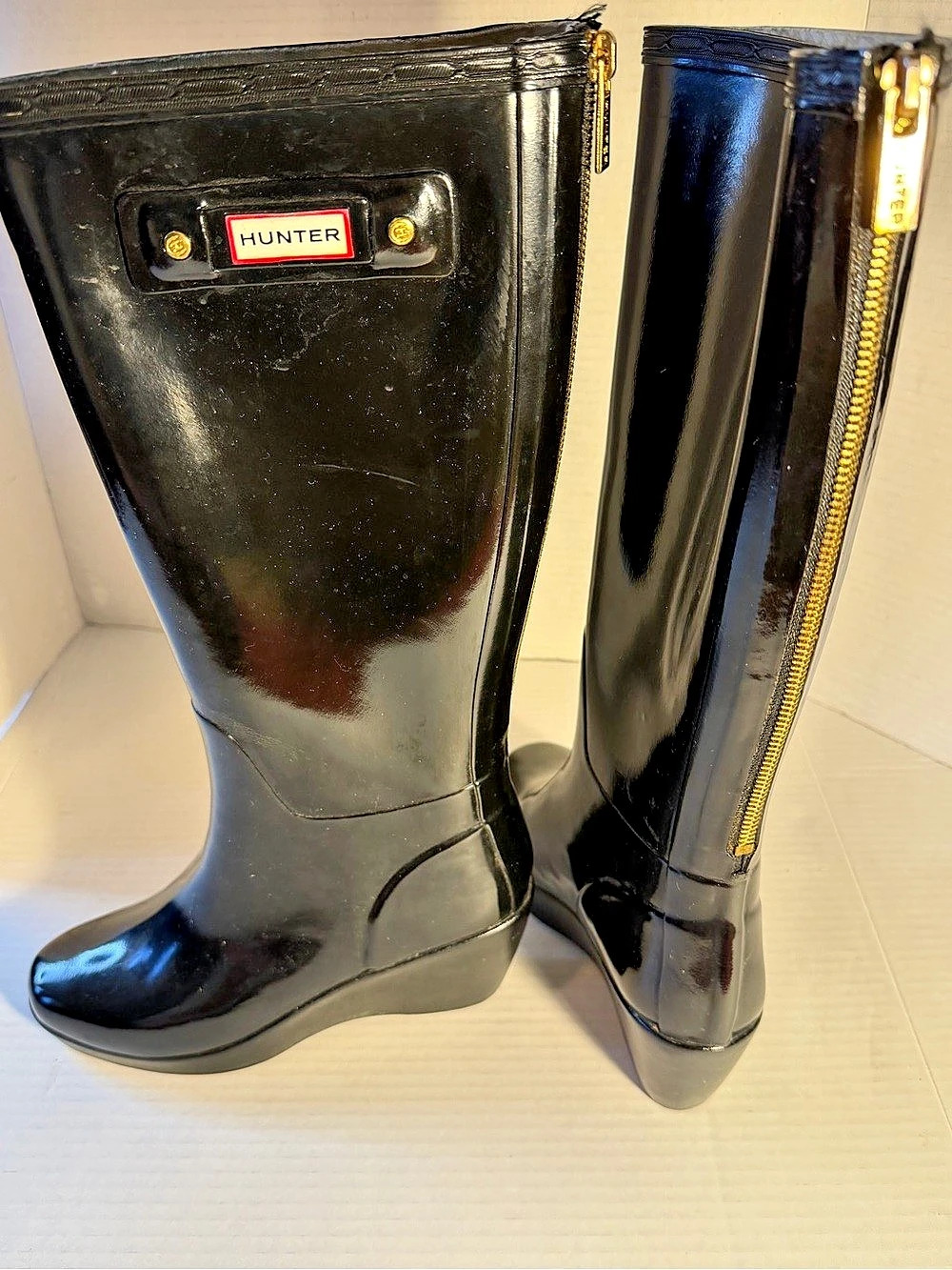 Hunter Glossy Tall Rain Boots Black US 8